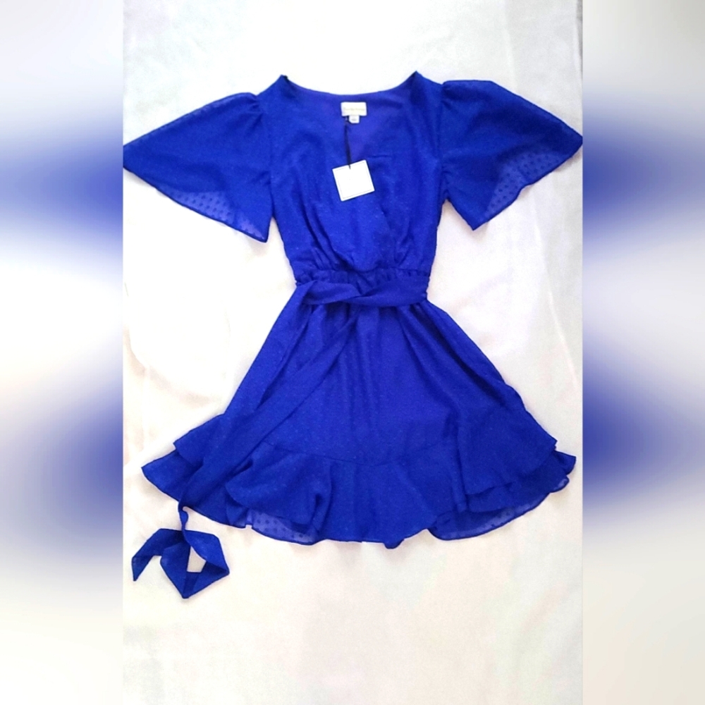 NWT! Summer Electric Blue Belted Tie Waist Women's Pleated Cocktail Midi Dress 4